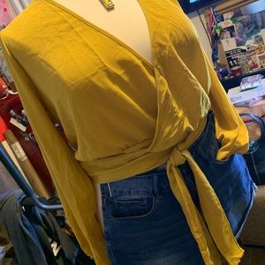 Mustard Waist Tie Blouse with Surplice Neckline 💋